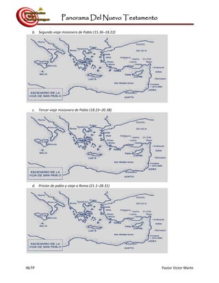 Panorama Del Nuevo Testamento
IBLTP Pastor Victor Marte
b. Segundo viaje misionero de Pablo (15.36–18.22)
c. Tercer viaje misionero de Pablo (18.23–20.38)
d. Prisión de pablo y viaje a Roma (21.1–28.31)
 