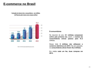E-commerce no Brasil 
20 
E-consumidores 
No decorrer do ano, 9,1 milhões compraram online pela primeira vez, assim, o número de consumidores únicos passou para 51,3 milhões. 
Desse total, 8 milhões não utilizaram o comércio eletrônico em 2013. No ano passado, os consumidores ativos foram 43,2 milhões. 
Em média cada um fez, duas compras em 2013.  