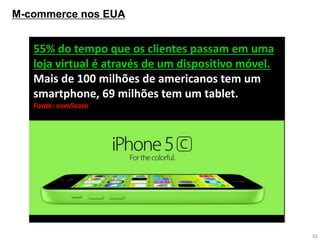 M-commerce nos EUA 
30 
55% do tempo que os clientes passam em uma loja virtual é através de um dispositivo móvel. Mais de 100 milhões de americanos tem um smartphone, 69 milhões tem um tablet. Fonte: comScore  