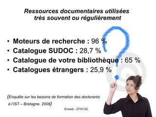 Ressources documentaires utilisées  très souvent ou régulièrement Moteurs de recherche :  96 % Catalogue SUDOC :  28,7 % Catalogue de votre bibliothèque :  65 % Catalogues étrangers :  25,9 % ( Enquête sur les besoins de formation des doctorants à l’IST – Bretagne. 2008 ) 