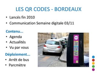 LES QR CODES - BORDEAUX
• Lancés fin 2010
• Communication Semaine digitale 03/11

Contenu...
• Agenda
• Actualités
• Vu pa...