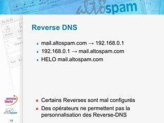 Reverse DNS
mail.altospam.com → 192.168.0.1
192.168.0.1 → mail.altospam.com
HELO mail.altospam.com

Certains Reverses sont mal configurés
Des opérateurs ne permettent pas la
personnalisation des Reverse-DNS
10

 
