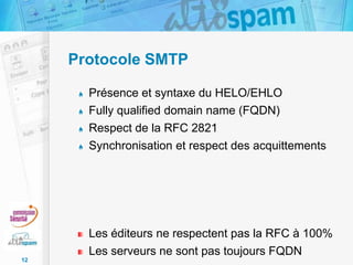 Protocole SMTP
Présence et syntaxe du HELO/EHLO
Fully qualified domain name (FQDN)
Respect de la RFC 2821
Synchronisation et respect des acquittements

Les éditeurs ne respectent pas la RFC à 100%
Les serveurs ne sont pas toujours FQDN
12

 