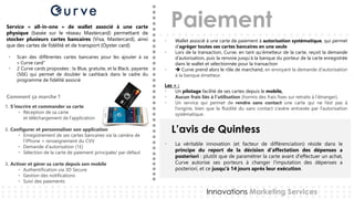Paiement
L’avis de Quintess
Innovations Marketing Services
1. S’inscrire et commander sa carte
• Réception de sa carte
et téléchargement de l’application
2. Configurer et personnaliser son application
• Enregistrement de ses cartes bancaires via la caméra de
l’iPhone + renseignement du CVV
• Demande d’autorisation (1£)
• Sélection de la carte de paiement principale/ par défaut
3. Activer et gérer sa carte depuis son mobile
• Authentification via 3D Secure
• Gestion des notifications
• Suivi des paiements
Comment ça marche ?
• Wallet associé à une carte de paiement à autorisation systématique, qui permet
d’agréger toutes ses cartes bancaires en une seule
• Lors de la transaction, Curve, en tant qu’émetteur de la carte, reçoit la demande
d’autorisation, puis la renvoie jusqu’à la banque du porteur de la carte enregistrée
dans le wallet et sélectionnée pour la transaction
•  Curve prend alors le rôle de marchand, en envoyant la demande d'autorisation
à la banque émetteur.
Les + :
• Un pilotage facilité de ses cartes depuis le mobile,
• Aucun frais liés à l’utilisation (hormis des frais fixes sur retraits à l’étranger),
• Un service qui permet de rendre sans contact une carte qui ne l’est pas à
l’origine, bien que la fluidité du sans contact s’avère entravée par l’autorisation
systématique.
• La véritable innovation (et facteur de différenciation) réside dans le
principe du report de la décision d'affectation des dépenses a
posteriori : plutôt que de paramétrer la carte avant d'effectuer un achat,
Curve autorise ses porteurs à changer l'imputation des dépenses a
posteriori, et ce jusqu'à 14 jours après leur exécution.
Service « all-in-one » de wallet associé à une carte
physique (basée sur le réseau Mastercard) permettant de
stocker plusieurs cartes bancaires (Visa, Mastercard), ainsi
que des cartes de fidélité et de transport (Oyster card)
• Scan des différentes cartes bancaires pour les ajouter à sa
« Curve card"
• 2 Curve cards proposées : la Blue, gratuite, et la Black, payante
(50£) qui permet de doubler le cashback dans le cadre du
programme de fidélité associé
 