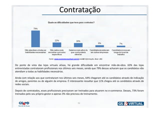 Contratação




                              Fonte: www.ecommerceschool.com.br e e-bit Informação. Base: 282.


Do ponto de vista das lojas virtuais ativas, há grande dificuldade em encontrar mão-de-obra. 63% das lojas
entrevistadas contrataram profissionais nos últimos seis meses, sendo que 79% dessas acharam que os candidatos não
atendiam a todas as habilidades necessárias.

Ainda com relação aos que contrataram nos últimos seis meses, 64% chegaram até os candidatos através de indicação
de amigos, parentes ou de alguém da empresa. É interessante ressaltar que 11% chegou até os candidatos através de
redes sociais.

Depois de contratados, esses profissionais precisaram ser treinados para atuarem no e-commerce. Desses, 73% foram
treinados pelo seu próprio gestor e apenas 3% não precisou de treinamento.


                                                                52
 