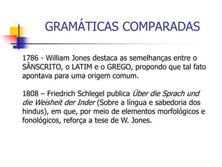 GRAMÁTICAS COMPARADAS
1786 - William Jones destaca as semelhanças entre o
SÂNSCRITO, o LATIM e o GREGO, propondo que tal fato
apontava para uma origem comum.
1808 – Friedrich Schlegel publica Über die Sprach und
die Weisheit der Inder (Sobre a língua e sabedoria dos
hindus), em que, por meio de elementos morfológicos e
fonológicos, reforça a tese de W. Jones.
 