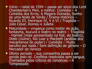 Início – natal de 1594 – passa ser sócio dos Lord Chamberlain’s Men, a melhor. Comédia – A Comédia dos Erros, A Megera Domada, Sonho de uma Noite de Verão / Drama Histórico – Ricardo III, Henrique IV, V e VI / Tragédia – Júlio César, Romeu e Julieta Maturidade – vingança como motor da ação, fantasma, loucura e teatro no teatro – Tragédia - Hamlet (mais apresentado na hist. do teatro), Otelo (ciúme), Rei Lear e Macbeth (análise dos mecanismos de poder) / Comédia – Muito barulho por nada / Sem definição de gênero – O Mercador de Veneza Último período – sua companhia passa a ser gerida pelo rei. Conflitos resolvidos sem sangue, chamados pelos críticos de romances – A Tempestade. 