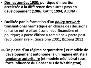• Dès les années 1980: politique d’insertion 
accélérée à la différence des autres pays en 
développement (1986: GATT; 1994; ALENA) 
• Facilitée par la formation d’un policy network 
transnational hermétique en charge des décisions 
(alliance entre élites économico-financière et 
politique; « pacte élitiste » remplace « pacte post-revolutionnaire 
»; Giacalone 2001; Bizberg 2012) 
 On passe d’un régime corporatiste ( et modèle de 
développement autonome) à un régime élitiste à 
tendance autoritaire (et modèle néolibéral sous 
forte influence du Consensus de Washington) 
 