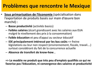 Problèmes que rencontre le Mexique
• Sous primarisation de l’économie (spécialisation dans
l’exportation de produits basés sur main d’œuvre bon
marché) :
– Basse productivité (activités basics)
– Faibles salaires (écart grandissant avec les salaires aux EUA
malgré le nivellement des prix à la consommation)
– Faible éducation et peu d’appui au secteur éducatif
– IDE principalement intéressé par les bas coûts => freine
législations ou leur non respect (environnement, fiscale, travail….)
surtout considérant du fait de la concurrence actuelle
– Absence de transfert de know-how…
=> Le modèle ne produit que très peu d’emplois qualifiés ce qui ne
favorise pas l’éducation, ni convergence des salaires et productivité
 