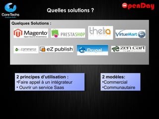 Quelles solutions ? 2 principes d’utilisation : Faire appel à un intégrateur Ouvrir un service Saas 2 modèles: Commercial Communautaire Quelques Solutions : 