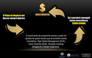 O Plano do Negócio era 
Buscar sempre Aportes Só é possivel conseguir 
O crescimento da companhia ocorreu a partir de 
aportes de quatro fundos que se tornaram sócios 
minoritários: Tiger Global Management (EUA), 
Iconic Ventures (EUA), Temasek Holdings 
(Singapura) e Kszek (Argentina). 
Tantos investidores 
SENDO GRANDE 
INVESTIMENTOS 
 