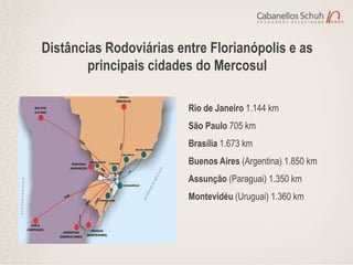 Distâncias Rodoviárias entre Florianópolis e as
        principais cidades do Mercosul

                         Rio de Janeiro 1.144 km
                         São Paulo 705 km
                         Brasília 1.673 km
                         Buenos Aires (Argentina) 1.850 km
                         Assunção (Paraguai) 1.350 km
                         Montevidéu (Uruguai) 1.360 km
 