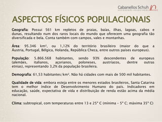 ASPECTOS FÍSICOS POPULACIONAIS
Geografia: Possui 561 km repletos de praias, baías, ilhas, lagoas, cabos e
dunas, resultando num dos raros locais do mundo que oferecem uma geografia tão
diversificada e bela. Conta também com campos, vales e montanhas.

Área: 95.346 km², ou 1,12% do território brasileiro (maior do que a
Áustria, Portugal, Bélgica, Holanda, República Checa, entre outros países europeus).

População: 5.866.568 habitantes, sendo 93%              descendentes de europeus
(alemães,     italianos,  açorianos,   poloneses,      austríacos,  dentre outras
etnias), representando 3,2% da população brasileira.

Demografia: 61,53 habitantes/km². Não há cidades com mais de 500 mil habitantes.

Qualidade de vida: embora esteja entre os menores estados brasileiros, Santa Catarina
tem o melhor índice de Desenvolvimento Humano do país. Indicadores em
educação, saúde, expectativa de vida e distribuição de renda estão acima da média
nacional.

Clima: subtropical, com temperaturas entre 13 e 25º C (mínima – 5º C; máxima 35º C)
 