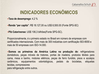 INDICADORES ECONÔMICOS
Taxa de desemprego: 4,2 %

Renda “per capita”: R$ 18.127,00 ou US$ 8,500.00 (Fonte SPG-SC)

Pib Catarinense: US$ 106,3 bilhões(Fonte SPG-SC).

Proporcionalmente, é o primeiro estado no Brasil em número de empresas com
certificados internacionais. Com mais de 300 indústrias com certificação ISO-9000 e
mais de 50 empresas com ISO-14.000.

Somos os primeiros da América Latina na produção de: refrigeradores
domésticos, peças móveis de tratores, portas de madeira, produtos têxteis para
cama, mesa e banho, motores elétricos, peças de ferro fundido, pisos e azulejos
cerâmicos, equipamentos odontológicos, pedais de bicicletas, etiquetas
tecidas, compressores
para refrigeração entre outros.
 