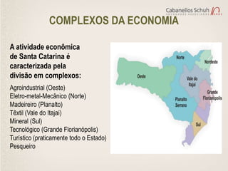 COMPLEXOS DA ECONOMIA

A atividade econômica
de Santa Catarina é
caracterizada pela
divisão em complexos:
Agroindustrial (Oeste)
Eletro-metal-Mecânico (Norte)
Madeireiro (Planalto)
Têxtil (Vale do Itajaí)
Mineral (Sul)
Tecnológico (Grande Florianópolis)
Turístico (praticamente todo o Estado)
Pesqueiro
 