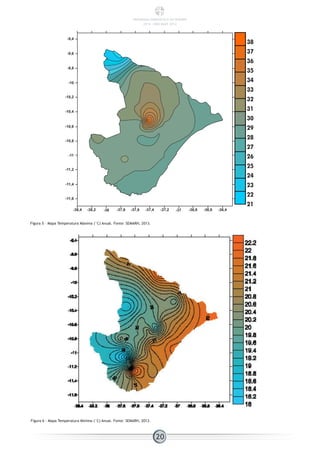 Figura 5 - Mapa Temperatura Máxima (°C) Anual. Fonte: SEMARH, 2013.
Figura 6 - Mapa Temperatura Mínima (°C) Anual. Fonte: SEMARH, 2013.
20
-9,4
-9,6
-9,8
-10
-10,2
-10,4
-10,6
-10,8
-11
-11,2
-11,4
-11,6
-38,4 -38,2 -38 -37,8 -37,6 -37,4 -37,2 -37 -36,8 -36,6 -36,4
38
37
36
35
34
33
32
31
30
29
28
27
26
25
24
23
22
21
PANORAMA ENERGÉTICO DE SERGIPE
2014 – ANO BASE 2012
 