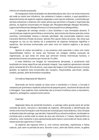 inferior em relação ao passado.
Os manguezais estão localizados nas desembocaduras dos rios e nas áreas estuarinas
até onde as marés tem influência. Seu ambiente é lodoso e salobro, o qual possibilita o
desenvolvimento de espécies vegetais adaptadas a este tipo de ambiente, constituídas por
estratos arbustivos e arbóreos com raízes aéreas que permitem a fixação e respiração das
plantas. As espécies encontradas em Sergipe são: RhyzophoraMangle (Mangue Vermelho),
Laguncularia Racemosa (Mangue Branco) e o ConocarpusErectus (Mangue Bola).
A vegetação de restinga reveste a área litorânea e suas formações dunares. É
constituída por espécies perenifólias e xeromorfas, decorrentes da intensa ação dos ventos
marinhos, luminosidade intensa e elevada salinidade. São encontradas espécies como
Canavalia Marítima (Feijão da praia), Ipoméa Pés-caprae (Salsa da praia). Nas áreas que
margeiam os rios ou nos baixios há o predomínio de espécies herbáceas higrófilas e
aquáticas. São terrenos encharcados com solos ricos em matéria orgânica e de pouca
drenagem.
Quanto às matas secundárias, a sua presença está associada a solos com maior
disponibilidade hídrica. As matas são florestas em estágios médioa avançado de
regeneração, já que estão em áreas que sofreram intensa intervenção humana, e
apresentam árvores com portes que variam de 12 a 20m.
A mata Atlântica em Sergipe foi intensamente devastada, e atualmente está
localizada em áreas específicas sob proteção integral. Suas espécies apresentam elevado
porte variando de 25 a 30 m de altura, suas copas são largas e com folhas perenes e troncos
grandes. As espécies mais encontradas são: sucupira, maçaranduba, pau-brasil, jatobá,
candeia, peroba, além de bromélia e orquídeas.
Cerrado ou Vegetação de Tabuleiro
Ocorrendo em forma isolada na faixa entre o semiárido e o litoral, o Cerrado é
composto por gramíneas e espécies arbustivas de pequeno porte, resultante do tipo de solo
e drenagem. Suas espécies mais conhecidas são as árvores frutíferas como o marmeleiro,
ingazeiro, jenipapeiro, cajazeiro entre outros.
Caatinga
Vegetação típica do semiárido brasileiro, a caatinga cobre grande parte do sertão
variando de porte, estrutura e densidade de espécies, dificultando a identificação dos
limites entre esta formação e a de florestas de transição para mata Atlântica. Esta variação
se dá pelos tipos de caatinga, que são dois: hipoxerófila ou arbustiva arbórea, localizadas na
transição para o sertão onde os meses de seca são inferiores a 7 meses; hiperxerófila ou
arbustiva, mais resistente à seca apresentando porte baixo e ocorrendo em locais onde os
meses secos são superiores a 7 meses.
As espécies são esparsas entre si, com troncos retorcidos, espinhentas e folhas
caducas, que caem no período da seca. Durante a seca, além das folhas caírem, os galhos
32
PANORAMA ENERGÉTICO DE SERGIPE
2014 – ANO BASE 2012
 