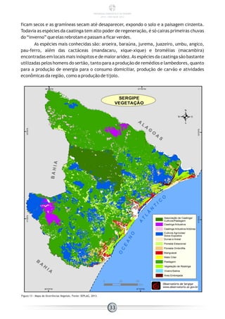 ficam secos e as gramíneas secam até desaparecer, expondo o solo e a paisagem cinzenta.
Todavia as espécies da caatinga tem alto poder de regeneração, é só cairas primeiras chuvas
do “inverno” que elas rebrotam e passam a ficar verdes.
As espécies mais conhecidas são: aroeira, baraúna, jurema, juazeiro, umbu, angico,
pau-ferro, além das cactáceas (mandacaru, xique-xique) e bromélias (macambira)
encontradas em locais mais inóspitos e de maior aridez.As espécies da caatinga são bastante
utilizadas pelos homens do sertão, tanto para a produção de remédios e lambedores, quanto
para a produção de energia para o consumo domiciliar, produção de carvão e atividades
econômicas da região, como a produção de tijolo.
Figura 13 - Mapa de Ocorrências Vegetais. Fonte: SEPLAG, 2013.
33
PANORAMA ENERGÉTICO DE SERGIPE
2014 – ANO BASE 2012
 