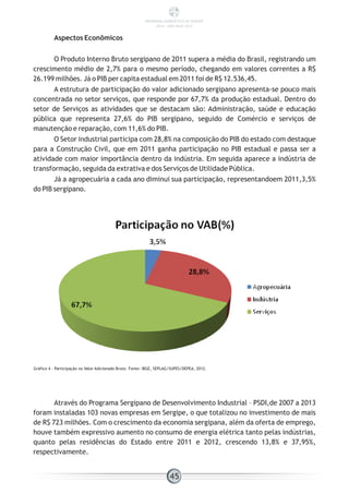 Aspectos Econômicos
O Produto Interno Bruto sergipano de 2011 supera a média do Brasil, registrando um
crescimento médio de 2,7% para o mesmo período, chegando em valores correntes a R$
26.199 milhões. Já o PIB per capita estadual em 2011 foi de R$ 12.536,45.
A estrutura de participação do valor adicionado sergipano apresenta-se pouco mais
concentrada no setor serviços, que responde por 67,7% da produção estadual. Dentro do
setor de Serviços as atividades que se destacam são: Administração, saúde e educação
pública que representa 27,6% do PIB sergipano, seguido de Comércio e serviços de
manutenção e reparação, com 11,6% do PIB.
O Setor industrial participa com 28,8% na composição do PIB do estado com destaque
para a Construção Civil, que em 2011 ganha participação no PIB estadual e passa ser a
atividade com maior importância dentro da indústria. Em seguida aparece a indústria de
transformação, seguida da extrativa e dos Serviços de Utilidade Pública.
Já a agropecuária a cada ano diminui sua participação, representandoem 2011,3,5%
do PIB sergipano.
Gráfico 4 - Participação no Valor Adicionado Bruto. Fonte: IBGE, SEPLAG/SUPES/DEPEA, 2012.
Através do Programa Sergipano de Desenvolvimento Industrial – PSDI,de 2007 a 2013
foram instaladas 103 novas empresas em Sergipe, o que totalizou no investimento de mais
de R$ 723 milhões. Com o crescimento da economia sergipana, além da oferta de emprego,
houve também expressivo aumento no consumo de energia elétrica tanto pelas indústrias,
quanto pelas residências do Estado entre 2011 e 2012, crescendo 13,8% e 37,95%,
respectivamente.
45
PANORAMA ENERGÉTICO DE SERGIPE
2014 – ANO BASE 2012
 