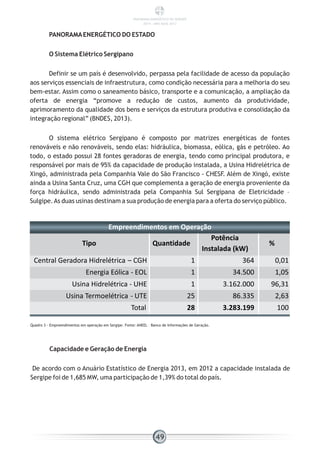 PANORAMAENERGÉTICO DO ESTADO
O Sistema Elétrico Sergipano
Definir se um país é desenvolvido, perpassa pela facilidade de acesso da população
aos serviços essenciais de infraestrutura, como condição necessária para a melhoria do seu
bem-estar. Assim como o saneamento básico, transporte e a comunicação, a ampliação da
oferta de energia “promove a redução de custos, aumento da produtividade,
aprimoramento da qualidade dos bens e serviços da estrutura produtiva e consolidação da
integração regional” (BNDES, 2013).
O sistema elétrico Sergipano é composto por matrizes energéticas de fontes
renováveis e não renováveis, sendo elas: hidráulica, biomassa, eólica, gás e petróleo. Ao
todo, o estado possui 28 fontes geradoras de energia, tendo como principal produtora, e
responsável por mais de 95% da capacidade de produção instalada, a Usina Hidrelétrica de
Xingó, administrada pela Companhia Vale do São Francisco - CHESF. Além de Xingó, existe
ainda a Usina Santa Cruz, uma CGH que complementa a geração de energia proveniente da
força hidráulica, sendo administrada pela Companhia Sul Sergipana de Eletricidade –
Sulgipe.As duas usinas destinam a sua produção de energia para a oferta do serviço público.
Quadro 3 - Empreendimentos em operação em Sergipe. Fonte: ANEEL – Banco de Informações de Geração.
Capacidade e Geração de Energia
De acordo com o Anuário Estatístico de Energia 2013, em 2012 a capacidade instalada de
Sergipe foi de 1,685 MW, uma participação de 1,39% do total do país.
Empreendimentos em Operação
Tipo Quantidade
Potência
Instalada (kW)
%
Central Geradora Hidrelétrica – CGH 1 364 0,01
Energia Eólica - EOL 1 34.500 1,05
Usina Hidrelétrica - UHE 1 3.162.000 96,31
Usina Termoelétrica - UTE 25 86.335 2,63
Total 28 3.283.199 100
49
PANORAMA ENERGÉTICO DE SERGIPE
2014 – ANO BASE 2012
 