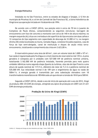Energia Hidráulica
Instalada no rio São Francisco, entre os estados de Alagoas e Sergipe, à 12 Km do
município de Piranhas/AL e a 6 km de Canindé de São Francisco/SE, a Usina hidrelétrica de
Xingó teve sua operação iniciada em 16 dezembro de 1994.
De acordo com a CHESF (2014), sua posição está à cerca de 70 km à jusante do
Complexo de Paulo Afonso, compreendendo as seguintes estruturas: barragem de
enrocamento com face de concreto a montante com cerca de 140 m de altura máxima; na
margem esquerda (AL) situa-se o vertedouro de superfície do tipo encosta com duas calhas e
12 comportas do tipo segmento com capacidade de descarga de 33.000 m³/s; na margem
direita (SE) estão localizados os muros, tomada d'água, condutos forçados expostos, casa de
força do tipo semi-abrigada, canal de restituição e diques de seção mista terra-
enrocamento, totalizando o comprimento da crista em 3.623,00 m.
6
O reservatório possui uma área de 60 km², com um volume total de 3.800 x 10 m³.
Sua vazão é regularizada pelo fio d'água e o nível máximo do reservatório é de 139 m.Ausina
geradora é composta por 6 unidades com 527.000 kW de potência nominal unitária,
totalizando 3.162.000 kW de potência instalada, havendo previsão para mais quatro
unidades idênticas numa segunda etapa.Quanto às turbinas, elas são do tipo Francis a uma
altura de queda nominal de 117,9 m, diâmetro do rotor de 7,2 m e potência nominal de
535.000 kW. Sua velocidade normal é de 109 rpm e engolimento da água na vazão de
500m³/s. A energia gerada é transmitida por uma subestação elevadora com 18
transformadores monofásicos de 185 MVAcada um que elevam a tensão de 18 kV para 500 kV.
Segundo a CHESF (2014), desde o ano de início de operação até o ano de 2012, Xingó
já produziu 308.125 GWh de energia, atingindo seu ápice de produção em 2007 com 21.631
GWh de energia produzida.
Gráfico 12 - Produção de Energia da Usina Hidrelétrica de Xingó – Fonte: CHESF, 2014.
54
PANORAMA ENERGÉTICO DE SERGIPE
2014 – ANO BASE 2012
 