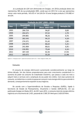 Já a produção de LGN vem diminuindo em Sergipe, em 2012a produção deste ano
representou 58% da sua produçãode 2003, sendo que em 2012 foi o ano que apresentou
menor valor neste período, 165.672 m³ de LGN.Em 10 anos Sergipe produziu 2.510.882 m³
de LGN.
Produção de LGN* (2003 – 2012)
Ano
Quantidade
( m³)
Índice
(Base: 2002=100)
Variação (%)
2003 284.724 94,87 0,00
2004 292.671 97,52 2,79
2005 294.881 98,26 0,76
2006 282.543 94,15 -4,18
2007 274.371 91,42 -2,89
2008 259.975 86,63 -5,25
2009 241.904 80,61 -6,95
2010 226.991 75,64 -6,16
2011 187.150 62,36 -17,55
2012 165.672 55,20 -11,48
Quadro 12 - Produção de LGN - Líquido de Gás Natural (GLP e C5+) - Fonte: Sergipe em Dados, 2013.
Consumo
O consumo de energia elétricavem aumentando consideravelmente ao longo da
última década. Um dos fatores preponderantes para este crescimento considerável é o
aumento do poder do consumo do trabalhador brasileiro, que passou a cada vez mais a
adquirir bens e serviços com a ampliação do seu poder de crédito. Com esse aumento de
consumo, as indústrias e o comércio passaram consumir mais energia elétrica para atender à
demanda, consequentemente expandir os seus negócios.
De acordo com a Superintendência de Estudos e Pesquisas (SUPES), ligada à
Secretaria de Estado do Planejamento, Orçamento e Gestão (SEPLAG-SE), em sua
publicação Sergipe em Dados 2013, de 2011 para 2012, o consumo total de energia elétrica
registrou um crescimento de 3,42%, passando de 3.500.351 Mwh para 3.620.037 Mwh.
68
PANORAMA ENERGÉTICO DE SERGIPE
2014 – ANO BASE 2012
 