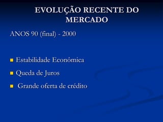 EVOLUÇÃO RECENTE DO
               MERCADO
ANOS 90 (final) - 2000


   Estabilidade Econômica
   Queda de Juros
   Grande oferta de crédito
 
