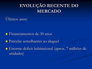 EVOLUÇÃO RECENTE DO
               MERCADO
Últimos anos:


   Financiamentos de 30 anos
   Parcelas semelhantes ao aluguel
   Enorme déficit habitacional (aprox. 7 milhões de
    unidades)
 