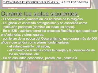  la fe ilumina y orienta a la razón; (iluminismo): la filosofía neoplatónica parte de un mundo trascendente que puede ser conocido por la razón (Ideas), y que no pone límites al conocimiento por darse de arriba abajo "Credo ut intelligam"la sociedad y la política, mantiene que la sociedad es necesaria al individuo, aunque no sea un bien perfecto; sus instituciones, como la familia, se derivan de la naturaleza humana