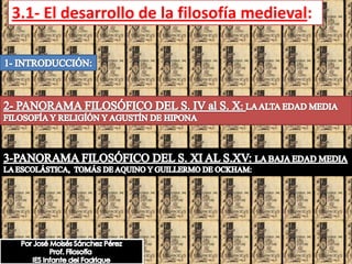 3.1- El desarrollo de la filosofía medieval: ,[object Object],1- INTRODUCCIÓN:,[object Object],2- PANORAMA FILOSÓFICO DEL S. IV al S. X: LA ALTA EDAD MEDIA ,[object Object],FILOSOFÍA Y RELIGÍÓN Y AGUSTÍN DE HIPONA,[object Object],3-PANORAMA FILOSÓFICO DEL S. XI AL S.XV: LA BAJA EDAD MEDIA,[object Object],LA ESCOLÁSTICA,  TOMÁS DE AQUINO Y GUILLERMO DE OCKHAM:,[object Object],Por José Moisés Sánchez Pérez,[object Object],Prof. Filosofía ,[object Object],IES Infante del Fadrique,[object Object]