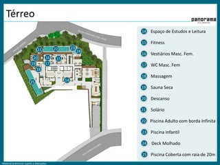 Térreo Espaço de Estudos e Leitura14Fitness1523222124Vestiários Masc. Fem.161620151719WC Masc. Fem1718Massagem181425Sauna Seca19Descanso20Solário21Piscina Adulto com borda Infinita22Piscina Infantil23Deck Molhado24Piscina Coberta com raia de 20m25
