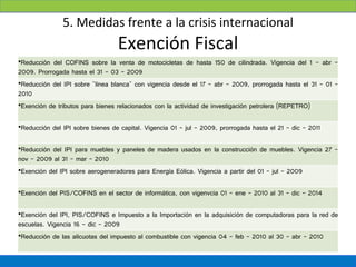 5. Medidas frente a la crisis internacional
                                  Exención Fiscal
•Reducción del COFINS sobre la venta de motocicletas de hasta 150 de cilindrada. Vigencia del 1 - abr -
2009. Prorrogada hasta el 31 - 03 - 2009
•Reducción del IPI sobre "línea blanca" con vigencia desde el 17 - abr - 2009, prorrogada hasta el 31 - 01 -
2010
•Exención de tributos para bienes relacionados con la actividad de investigación petrolera (REPETRO)

•Reducción del IPI sobre bienes de capital. Vigencia 01 - jul - 2009, prorrogada hasta el 21 - dic - 2011

•Reducción del IPI para muebles y paneles de madera usados en la construcción de muebles. Vigencia 27 -
nov - 2009 al 31 - mar - 2010
•Exención del IPI sobre aerogeneradores para Energía Eólica. Vigencia a partir del 01 - jul - 2009

•Exención del PIS/COFINS en el sector de informática, con vigenvcia 01 - ene - 2010 al 31 - dic - 2014

•Exención del IPI, PIS/COFINS e Impuesto a la Importación en la adquisición de computadoras para la red de
escuelas. Vigencia 16 - dic - 2009
•Reducción de las alícuotas del impuesto al combustible con vigencia 04 - feb - 2010 al 30 - abr - 2010
 