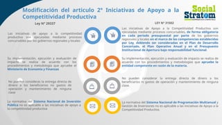 Las iniciativas de Apoyo a la Competitividad Productiva son
ejecutadas mediante procesos concursables, de forma obligatoria
en cada periodo presupuestal por parte de los gobiernos
regionales y locales en el marco de las competencias establecidas
por Ley, debiendo ser consideradas en el Plan de Desarrollo
Concertado, el Plan Operativo Anual y en el Presupuesto
Institucional de Apertura bajo responsabilidad funcional.
Su implementación, ejecución y evaluación de impacto se realiza de
acuerdo con los procedimientos y metodologías que apruebe la
entidad competente en razón de la materia.
No pueden considerar la entrega directa de dinero a los
beneficiarios ni gastos de operación y mantenimiento de ninguna
clase.
La normativa del Sistema Nacional de Programación Multianual y
Gestión de Inversiones no es aplicable a las iniciativas de Apoyo a la
Competitividad Productiva.
Las iniciativas de apoyo a la competitividad
productiva son ejecutadas mediante procesos
concursables por los gobiernos regionales y locales
Su implementación, ejecución y evaluación de
impacto se realiza de acuerdo con los
procedimientos y metodología que apruebe el
Ministerio de Economía y Finanzas
No pueden consideras la entrega directa de
dinero a los beneficiarios no gastos de
operación y mantenimiento de ninguna
clase
La normativa del Sistema Nacional de Inversión
Pública no es aplicable a las iniciativas de apoyo a
la competitividad productiva
Ley N° 29337
Modificación del articulo 2° Iniciativas de Apoyo a la
Competitividad Productiva
LEY Nº 31502
 