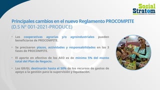 • Las cooperativas agrarias y/o agroindustriales pueden
beneficiarse de PROCOMPITE.
• Se precisaron plazos, actividades y responsabilidades en las 3
fases de PROCOMPITE.
• El aporte en efectivo de los AEO es de mínimo 5% del monto
total del Plan de Negocio.
• Los GR/GL destinarán hasta el 50% de los recursos de gastos de
apoyo a la gestión para la supervisión y liquidación.
Principales cambios en el nuevo Reglamento PROCOMPITE
(D.S Nº 001-2021-PRODUCE)
 