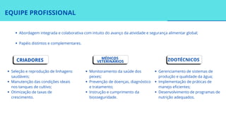 EQUIPE PROFISSIONAL
Abordagem integrada e colaborativa com intuito do avanço da atividade e segurança alimentar global;
Papéis distintos e complementares.
CRIADORES MÉDICOS
VETERINÁRIOS ZOOTÉCNICOS
Seleção e reprodução de linhagens
saudáveis;
Manutenção das condições ideais
nos tanques de cultivo;
Otimização de taxas de
crescimento.
Monitoramento da saúde dos
peixes;
Prevenção de doenças, diagnóstico
e tratamento;
Instrução e cumprimento da
biosseguridade.
Gerenciamento de sistemas de
produção e qualidade da água;
Implementação de práticas de
manejo eficientes;
Desenvolvimento de programas de
nutrição adequados.
 