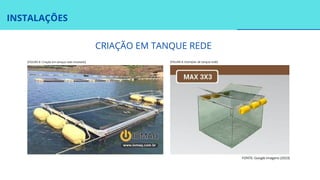 INSTALAÇÕES
CRIAÇÃO EM TANQUE REDE
FONTE: Google Imagens (2023)
[FIGURA 8: Criação em tanque rede instalado] [FIGURA 8: Exemplar de tanque rede]
 