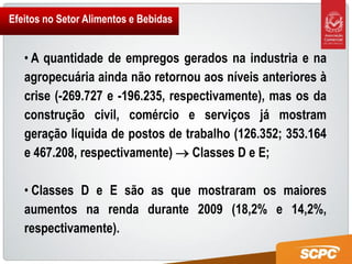 Efeitos no Setor Alimentos e Bebidas


   • A quantidade de empregos gerados na industria e na
   agropecuária ainda não retornou aos níveis anteriores à
   crise (-269.727 e -196.235, respectivamente), mas os da
   construção civil, comércio e serviços já mostram
   geração líquida de postos de trabalho (126.352; 353.164
   e 467.208, respectivamente)  Classes D e E;

   • Classes D e E são as que mostraram os maiores
   aumentos na renda durante 2009 (18,2% e 14,2%,
   respectivamente).
 