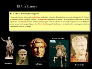 El Arte Romano
La Escultura Romana: Fase imperial
· A partir de Augusto se impone la moda griega: idealización progresiva, disimular defectos, respeto al Emperador. El Primero
es Augusto, todavía con rasgos realistas. Con Calígula la idealización es mayor y no expresa emociones como en la fase
republicana. Con Adriano aumenta la idealización y surge la moda de la barba y la incisión de las pupilas en el iris. El Busto
abarca hasta el pecho y sigue bajando. Con Marco Aurelio sigue la idealización y la dignificación: retrato equestre, barba y
cabellera más barrocas, en bronce.
·
La Escultura Romana: Fase imperial
· A partir de Augusto se impone la moda griega: idealización progresiva, disimular defectos, respeto al Emperador. El Primero
es Augusto, todavía con rasgos realistas. Con Calígula la idealización es mayor y no expresa emociones como en la fase
republicana. Con Adriano aumenta la idealización y surge la moda de la barba y la incisión de las pupilas en el iris. El Busto
abarca hasta el pecho y sigue bajando. Con Marco Aurelio sigue la idealización y la dignificación: retrato equestre, barba y
cabellera más barrocas, en bronce.
·
Augusto
Caligula
Adriano
Marco Aurelio
Caracalla
 