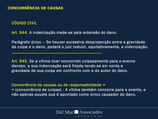CÓDIGO CIVIL
Art. 944. A indenização mede-se pela extensão do dano.
Parágrafo único – Se houver excessiva desproporção entre a gravidade
da culpa e o dano, poderá o juiz reduzir, equitativamente, a indenização.
_________________________________________
Art. 945. Se a vítima tiver concorrido culposamente para o evento
danoso, a sua indenização será fixada tendo-se em conta a
gravidade de sua culpa em confronto com a do autor do dano.
Concorrência de causas ou de responsabilidade =
= (concorrência de culpas) - A vítima também concorre para o evento, e
não apenas aquele que é apontado como único causador do dano.
CONCORRÊNCIA DE CAUSAS
 