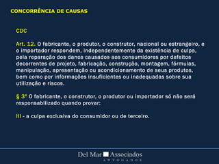 CDC
Art. 12. O fabricante, o produtor, o construtor, nacional ou estrangeiro, e
o importador respondem, independentemente da existência de culpa,
pela reparação dos danos causados aos consumidores por defeitos
decorrentes de projeto, fabricação, construção, montagem, fórmulas,
manipulação, apresentação ou acondicionamento de seus produtos,
bem como por informações insuficientes ou inadequadas sobre sua
utilização e riscos.
§ 3º O fabricante, o construtor, o produtor ou importador só não será
responsabilizado quando provar:
III - a culpa exclusiva do consumidor ou de terceiro.
CONCORRÊNCIA DE CAUSAS
 