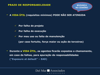 - A VIDA ÚTIL (requisitos mínimos) PODE NÃO SER ATINGIDA
 Por falha de projeto
 Por falha de execução
 Por mau uso ou falta de manutenção
(por caso fortuito, força maior ou ação de terceiros)
- Durante a VIDA ÚTIL, os agentes ficarão expostos a chamamento,
em caso de falhas, para apuração de responsabilidades
(“Exposure at default” – EAD)
PRAZO DE RESPONSABILIDADE MUDANÇA
NO CENÁRIO
 