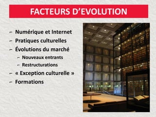 FACTEURS D’EVOLUTION 
⌐Numérique et Internet 
⌐Pratiques culturelles 
⌐Évolutions du marché 
⌐Nouveaux entrants 
⌐Restructurations 
⌐« Exception culturelle » 
⌐Formations  
