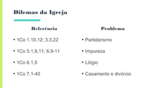 Referência
●
1Co 1.10,12; 3.3,22
●
1Co 5.1,9,11; 6.9-11
●
1Co 6.1,5
●
1Co 7.1-40
Dilemas da Igreja
Problema
●
Partidarismo
●
Impureza
●
Litígio
●
Casamento e divórcio
 