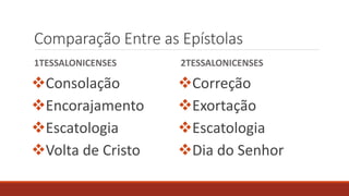Comparação Entre as Epístolas
1TESSALONICENSES
Consolação
Encorajamento
Escatologia
Volta de Cristo
2TESSALONICENSES
Correção
Exortação
Escatologia
Dia do Senhor
 