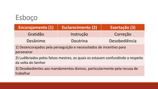 Esboço
Encorajamento (1) Esclarecimento (2) Exortação (3)
Gratidão Instrução Correção
Desânimo Doutrina Desobediência
1) Desencorajados pela perseguição e necessitados de incentivo para
perseverar
2) Ludibriados pelos falsos mestres, os quais os estavam confundindo a respeito
da volta do Senhor
3) Desobedientes aos mandamentos divinos, particularmente pela recusa de
trabalhar
 