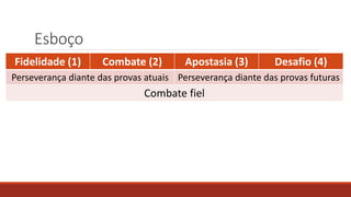 Esboço
Fidelidade (1) Combate (2) Apostasia (3) Desafio (4)
Perseverança diante das provas atuais Perseverança diante das provas futuras
Combate fiel
 