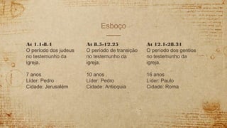 Esboço
At 1.1-8.4
O período dos judeus
no testemunho da
igreja.
7 anos
Líder: Pedro
Cidade: Jerusalém
At 8.5-12.25
O período de transição
no testemunho da
igreja.
10 anos
Líder: Pedro
Cidade: Antioquia
At 12.1-28.31
O período dos gentios
no testemunho da
igreja.
16 anos
Líder: Paulo
Cidade: Roma
 