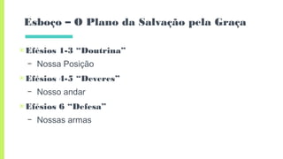 Esboço – O Plano da Salvação pela Graça
▣Efésios 1-3 “Doutrina”
– Nossa Posição
▣Efésios 4-5 “Deveres”
– Nosso andar
▣Efésios 6 “Defesa”
– Nossas armas
 