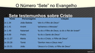 O Número “Sete” no Evangelho
• Sete testemunhos sobre Cristo
Texto Personagens Citação
Jo 1.34 João Batista “ele é o Filho de Deus”
Jo 1.41 André “achamos o Messias”
Jo 1.49 Natanael “tu és o Filho de Deus, tu és o Rei de Israel!”
Jo 6.69 Pedro “tu és o Santo de Deus”
Jo 11.27 Marta “tu és o Cristo, o Filho de Deus”
Jo 20.28 Tomé “Senhor meu e Deus meu”
Jo 20.31 João “Jesus é o Cristo, o Filho de Deus”
 