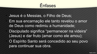 Ênfases
• Jesus é o Messias, o Filho de Deus;
• Em sua encarnação ele tanto revelou o amor
de Deus como redimiu a humanidade;
• Discipulado significa “permanecer na videira”
(Jesus) e dar fruto (amar como ele amou);
• O Espírito Santo será concedido ao seu povo
para continuar sua obra.
 